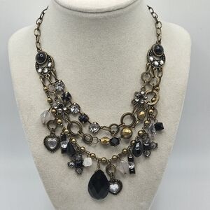 VINTAGE Bronze Tone Multi Layered Black Rhinestone Charm Dangle Necklace